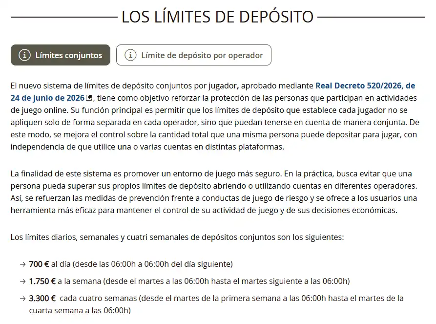 Límites de depósito del juego online regulado en España