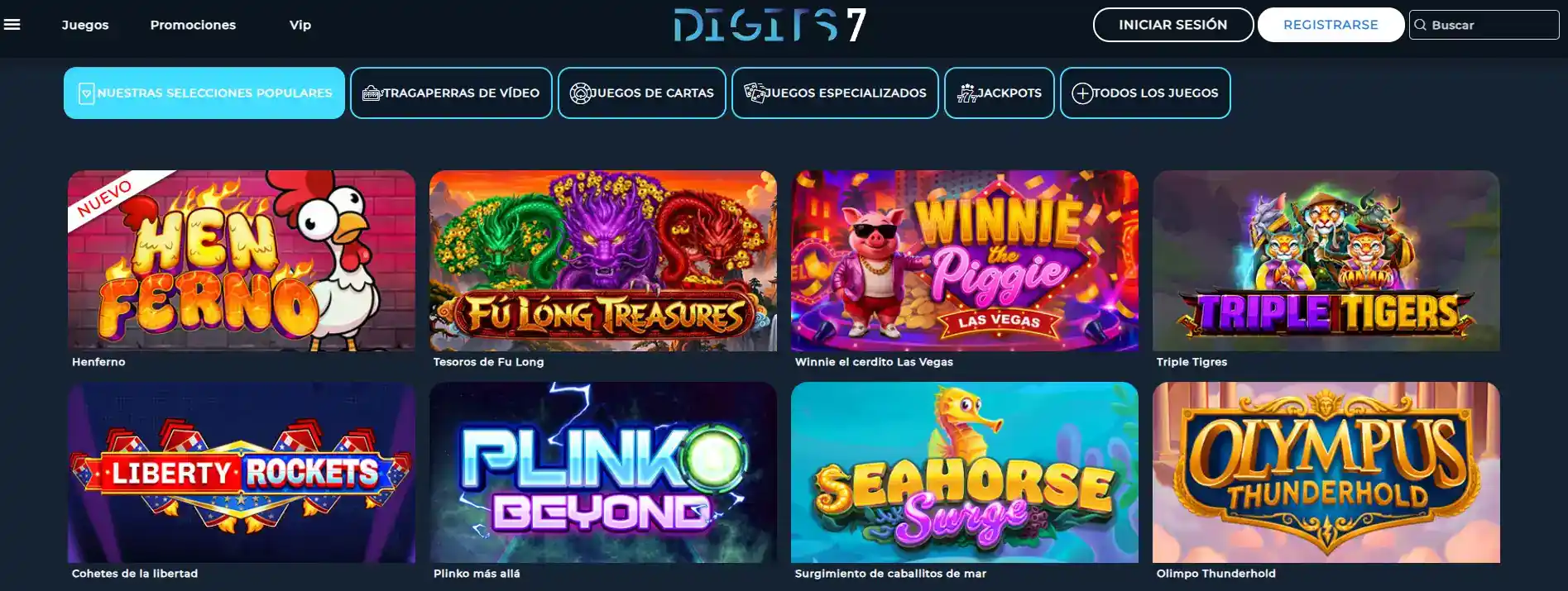 Lobby de Digits 7 con categorías de juegos
